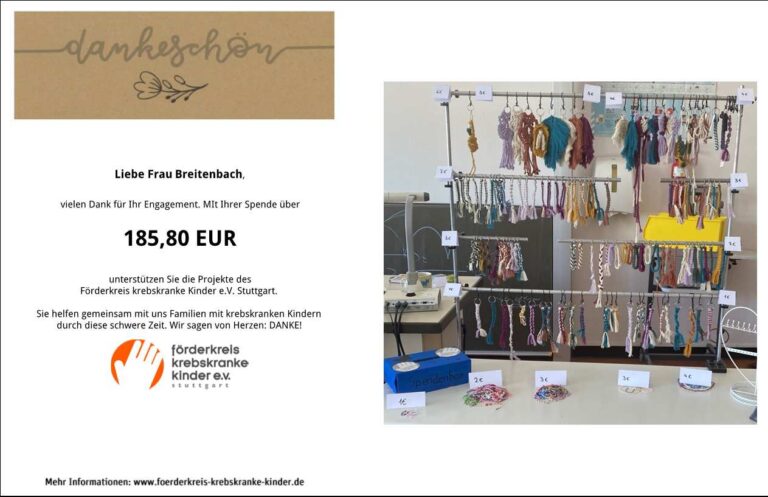 Schmucktisch mit bunten Armbändern; Dankeskarte für Spende an Krebshilfe; Betrag: 185,80 EUR.