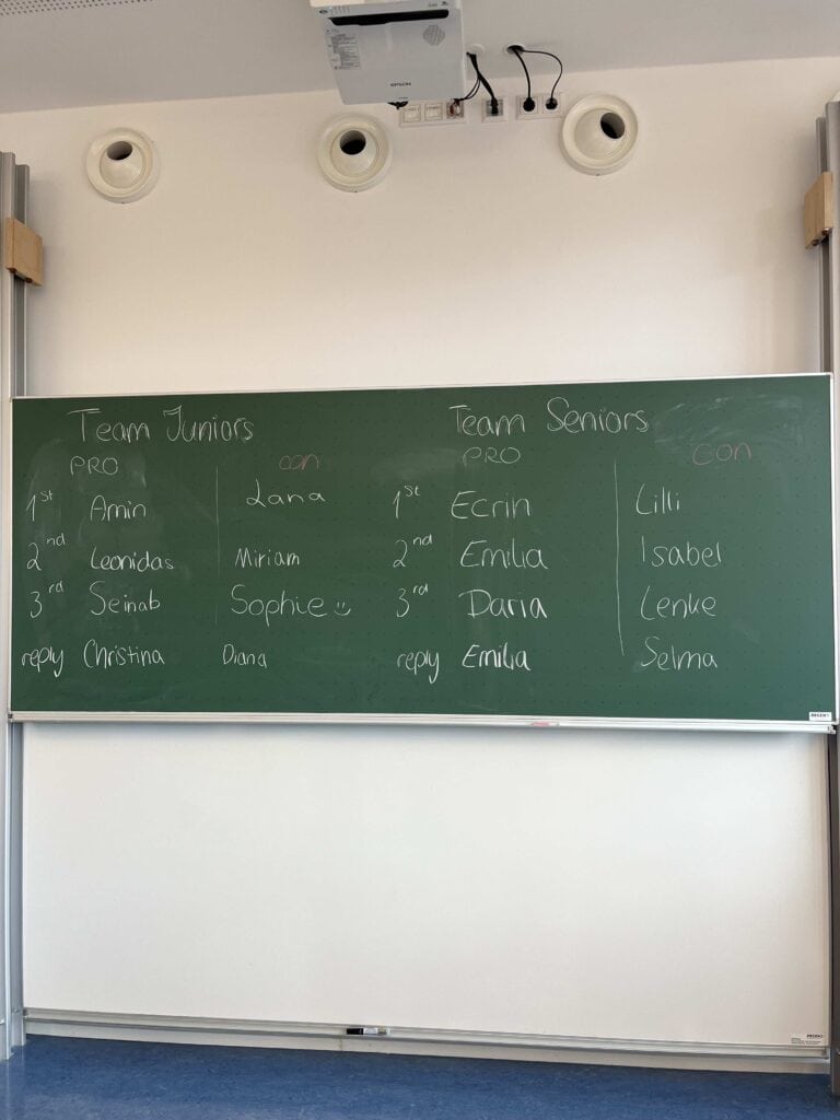 Grüne Tafel mit Namen, Teams Juniors und Seniors, Pro und Con in einer Schulumgebung.