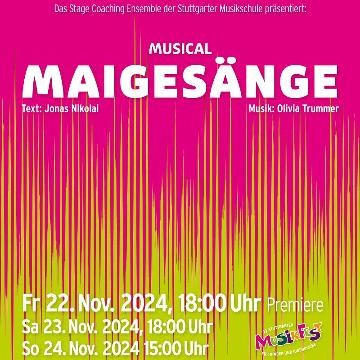 Plakat vom Musical "Maigesänge" mit pinkem Hintergrund und gelben Farbspritzern.