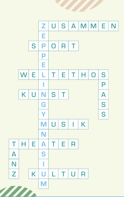 Kreuzworträtsel mit Worten wie "Sport", "Kultur" und "Theater" in blauen Buchstaben.