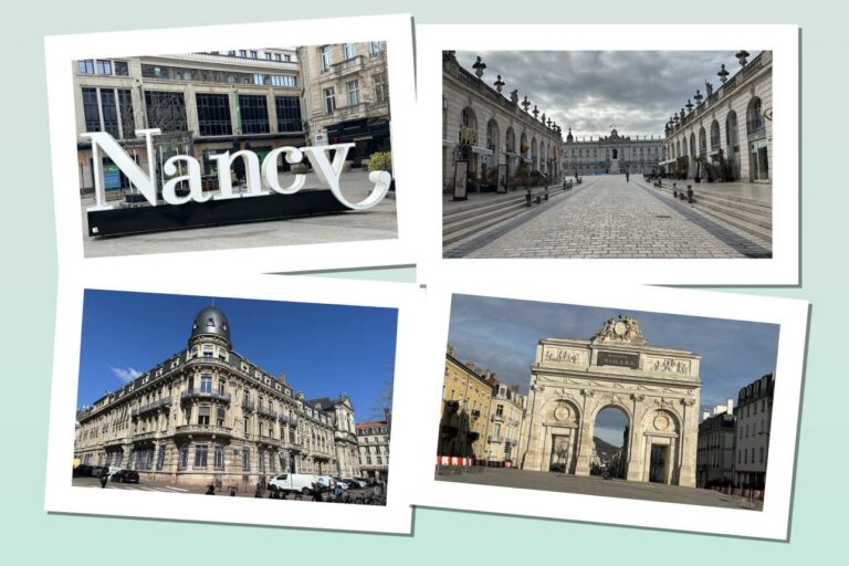 Vier Fotos einer Stadt, darunter ein dekorativer Schriftzug "Nancy" und historische Gebäude.