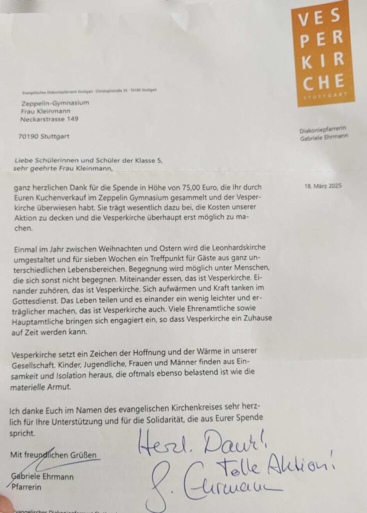 Ein Brief auf Deutsch mit handschriftlicher Notiz "Herzlichen Dank, tolle Aktion!"