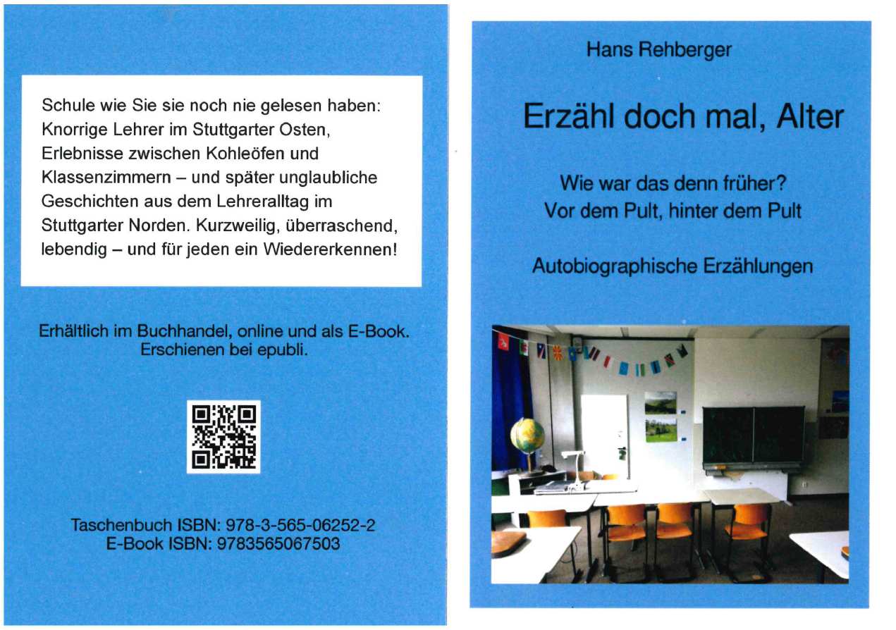 Buchcover mit freundlichem älteren Mann, blauem Hemd, Klassenzimmer voller Stühle