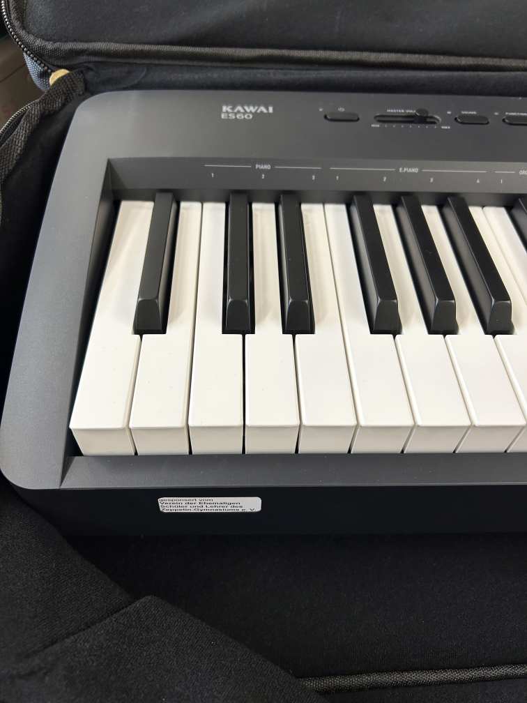 Ein elektronisches Kawai ES120 Keyboard mit schwarzen und weißen Tasten in einem Case