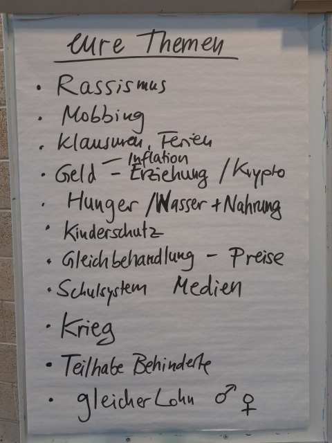 Großes weißes Poster mit schwarzer Handschrift zu gesellschaftlichen Themen wie Rassismus