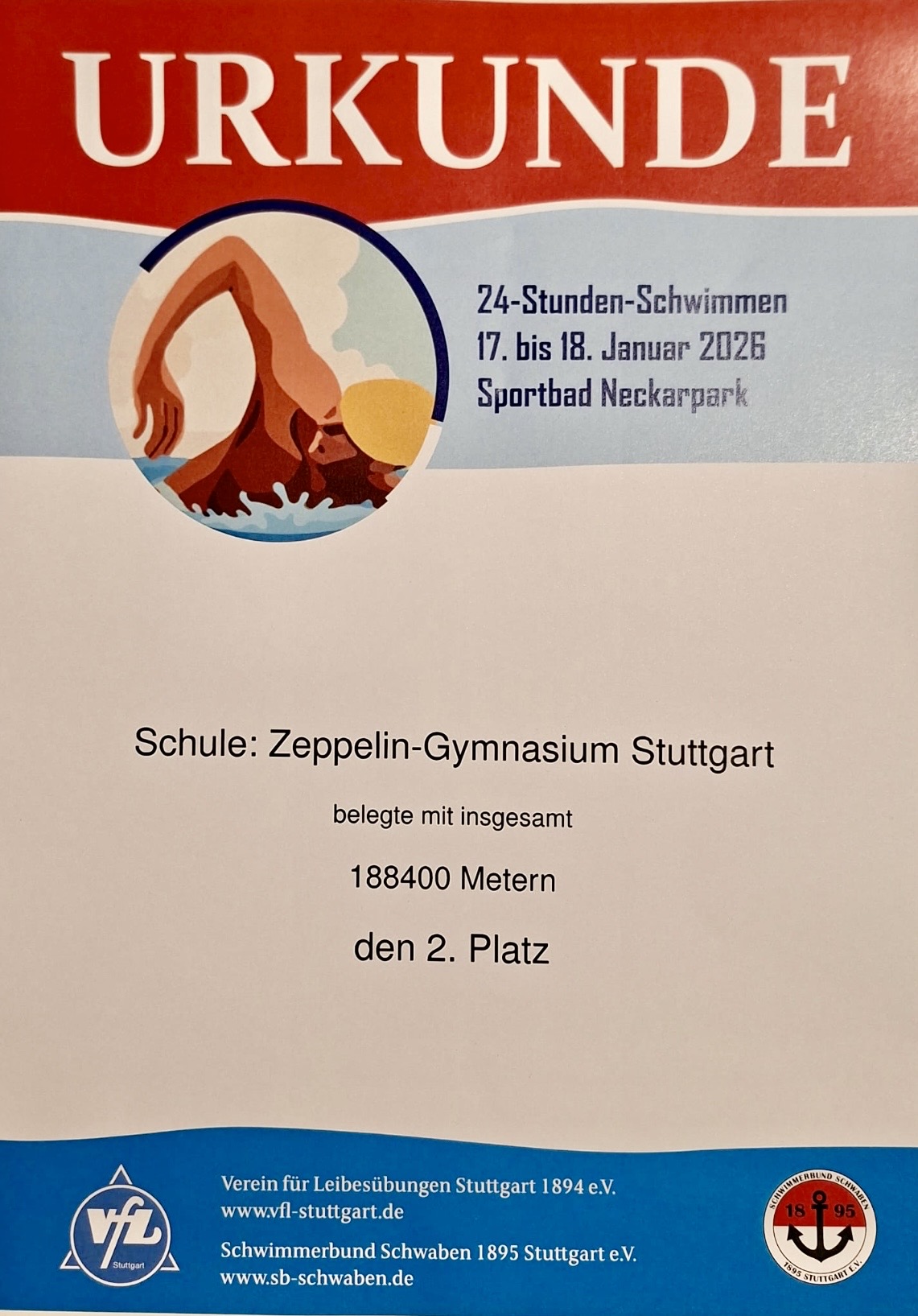 Urkunde mit buntem Schwimmermotiv für das Zeppelin Gymnasium Stuttgart zweiter Platz
